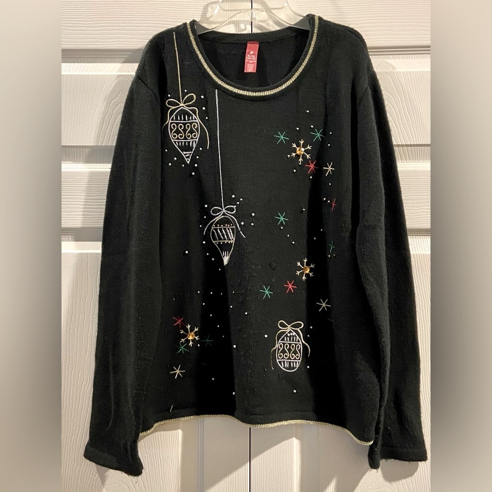Ugly Christmas Sweater Black Sequin Gold Tone Beading Ornaments Sz XL Dressy